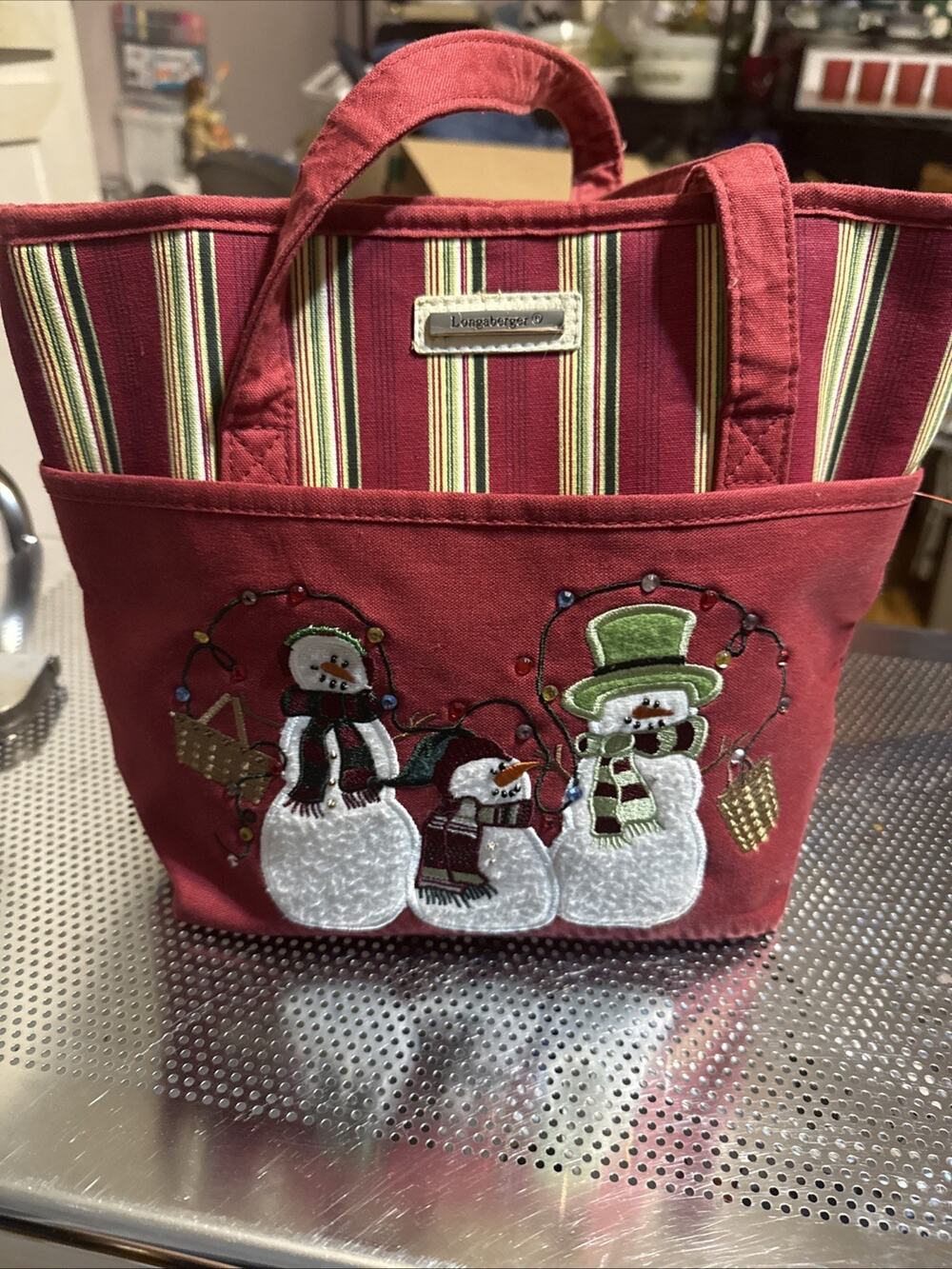 Longaberger Holiday Snowman Tote Bag Red Striped Canvas Christmas Embroidered